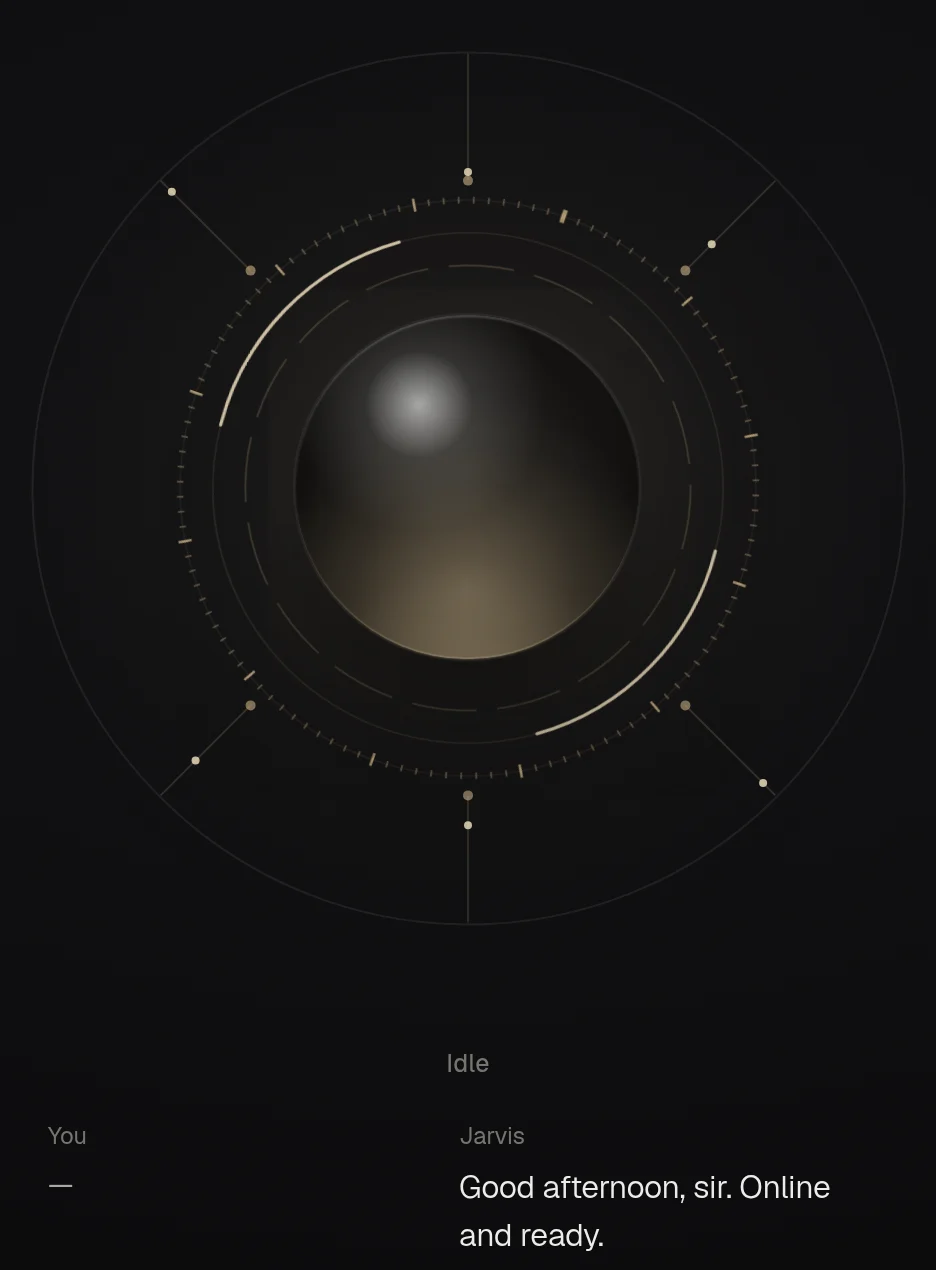 The Jarvis app: his core, his status and his reply, "Good afternoon. Online and ready."