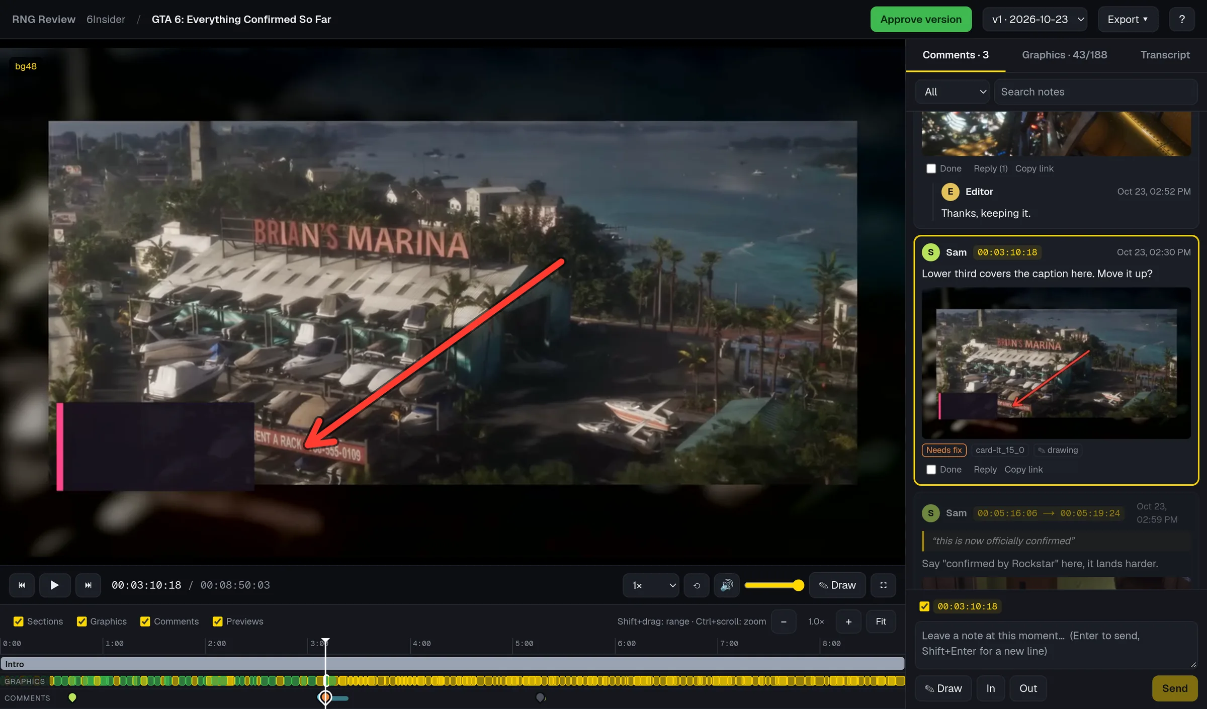 RNG Review: a note with an arrow drawn on the frame, next to the video and its timeline.